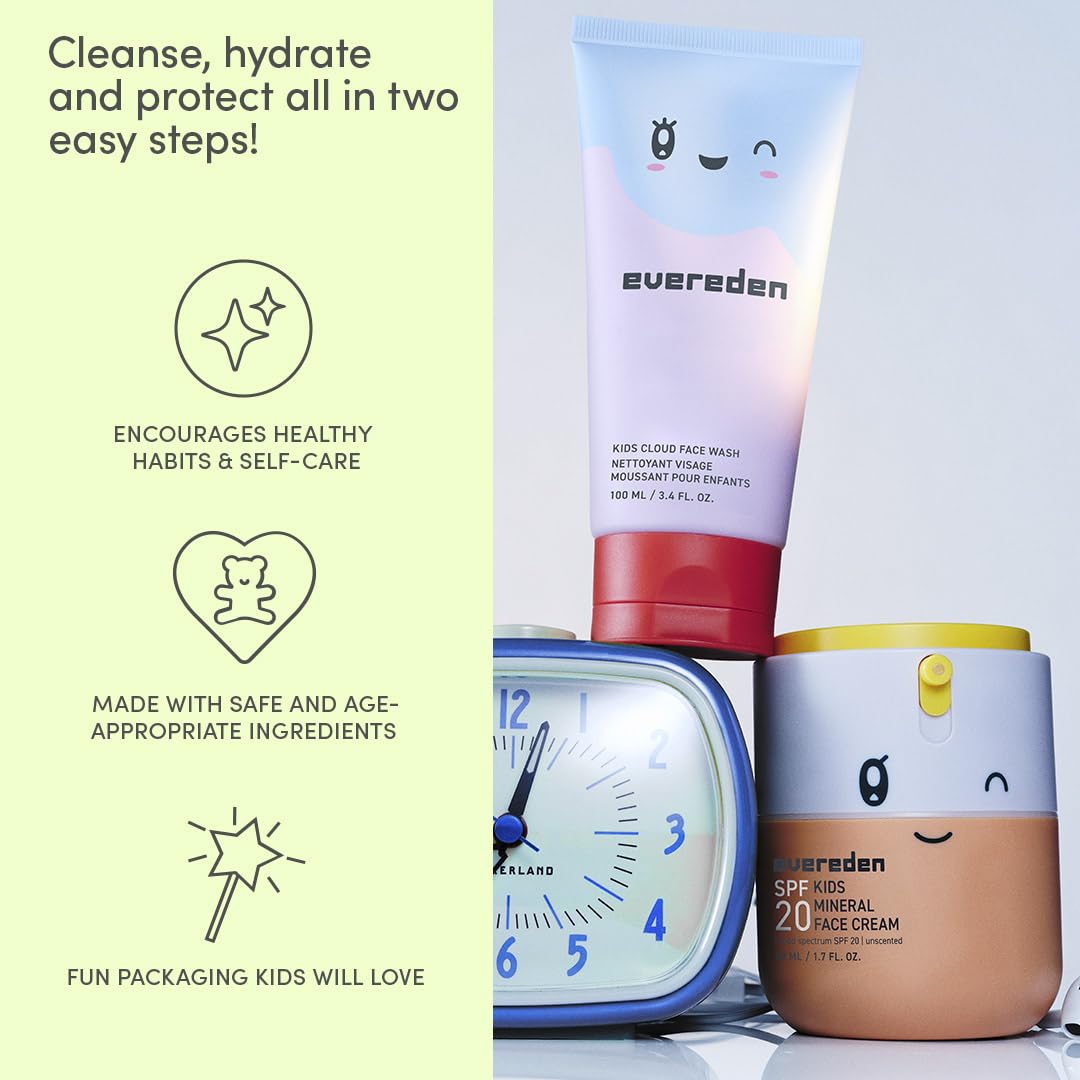 Evereden Kids Face Wash & SPF 20 Cream Set - Dermatologist-Tested Mineral Sunscreen with Zinc Oxide & Vitamin B5 | Gentle for Sensitive Skin, Ages 3+