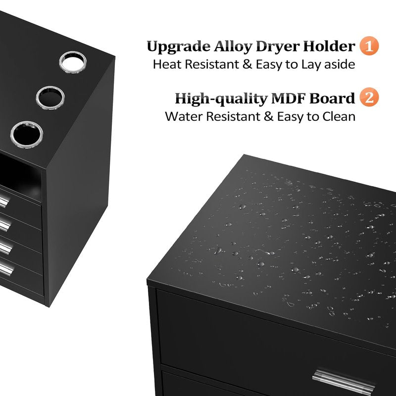 OmySalon Salon Station Free Standing Cabinet, Barber Hair Styling Stations, Beauty Spa Equipment with 5 Drawers, 1 Storage Cabinet, 3 Hair Dryer Holders, Black