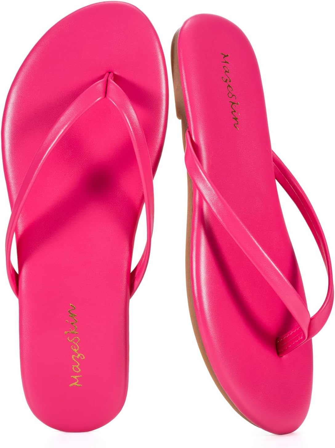 Mazeskin Women's Memory Foam Flat Thong Sandals - Comfortable Leather Slide Flip Flops for Summer Beach