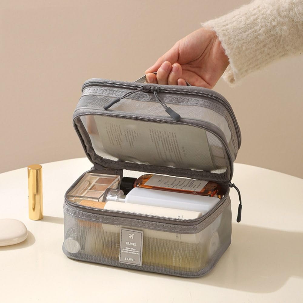 Mesh Cosmetic Bags 1/2/3 Layers Casual Wash Pouch Double-layer Storage Bag Portable Multifunctional(1 Layer Beige)