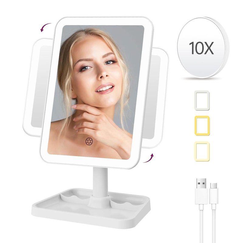 Rechargeable Lighted Makeup Mirror - 10X Magnification, 3 Color Lighting | Portable Tabletop Design, 360° Rotation, White
