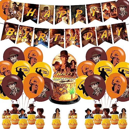 Indiana Jones Birthday Party Supplies Set - Banner, Cake Topper, Balloons & Cupcake Toppers