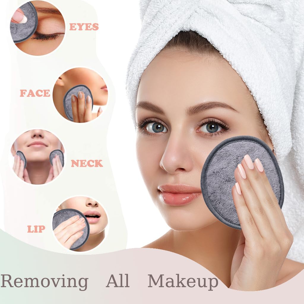 Reusable Makeup Remover Pads - Soft Microfiber Face Cleaning Cloths | 5-Inch Washable Pads with Laundry Bag, 12 Pack - Grey