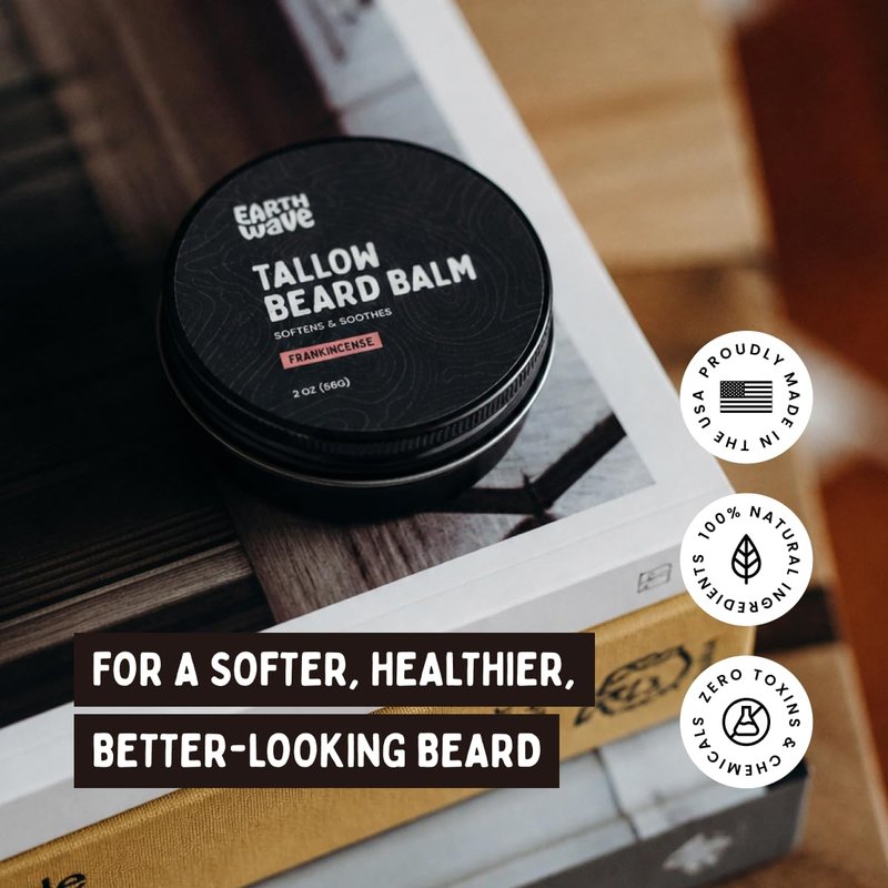 Earth Wave All-Natural Tallow Beard Balm for Men - Shape, Norish & Soften Beard, Made with Organic Ingredients, Suppport Beard Growth, Perfect for Everyday Use, Made in USA, 2oz