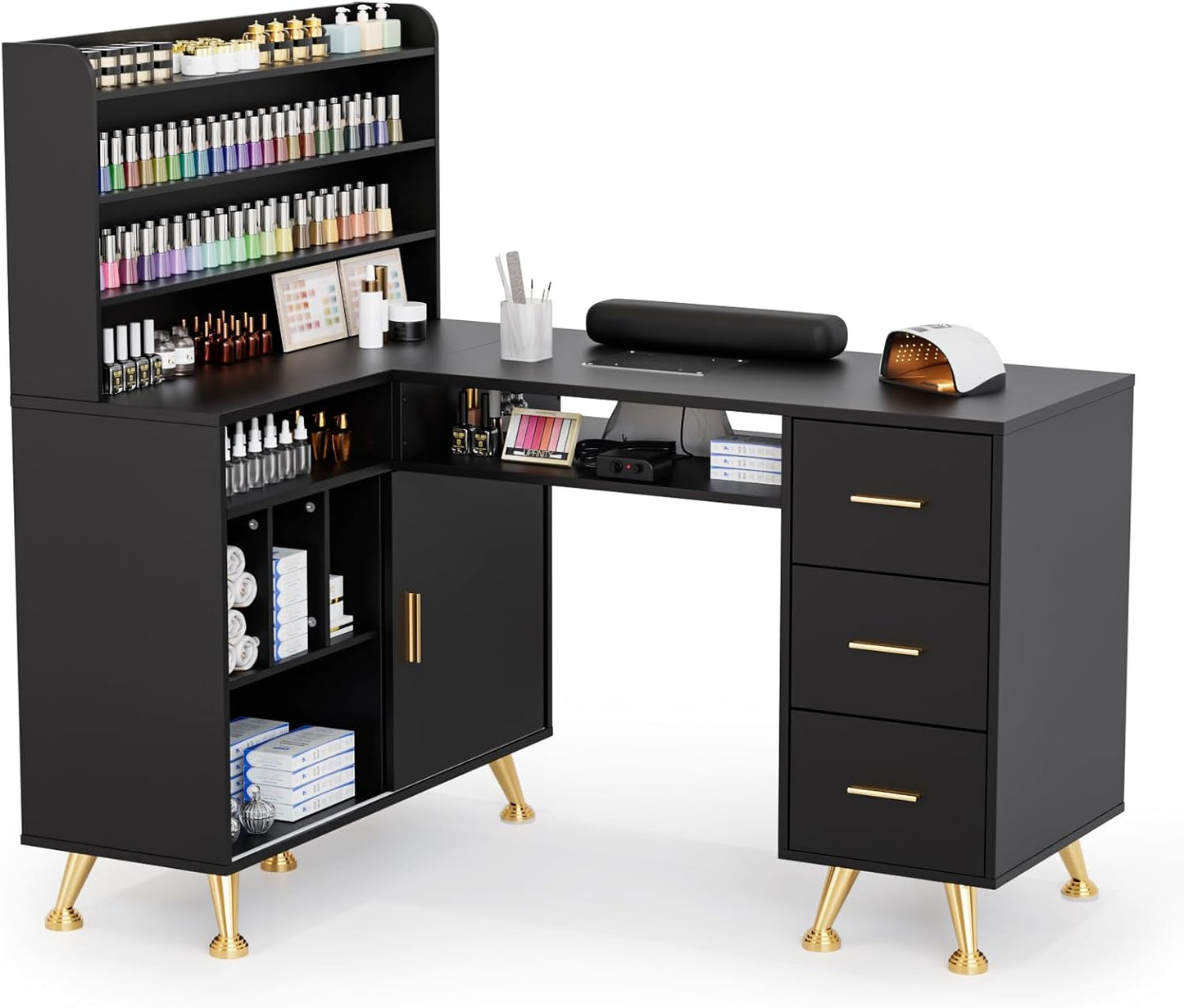 L Shaped Manicure Table with Dust Collector - 52" Corner Nail Desk for Professionals | Acetone Resistant, Storage Drawer & Polish Rack