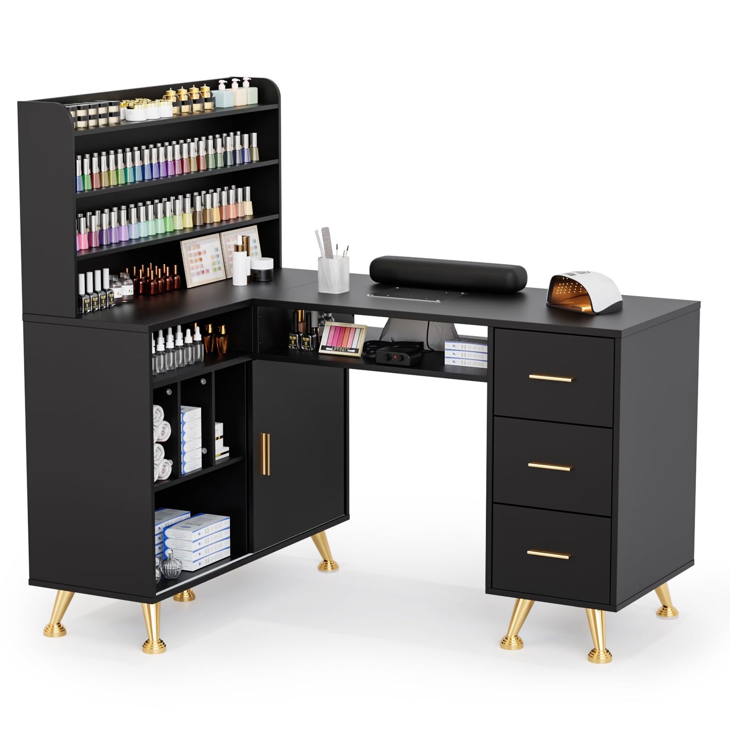 OmySalon L Shaped Manicure Table with Dust Collector, 52" L Corner Nail Desk for Nail Techs, w/Polish Display Rack Arm Rest, Acetone Resistant Top, Drawer and Cabinet Storage, for Nail Salon (Black)