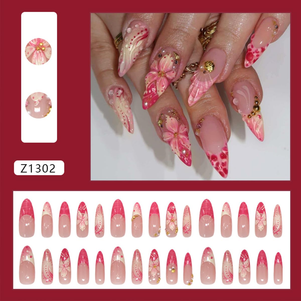 30Pcs Pink Flower Press on Nails Long Almond Fake Nails with Gold Rhinestone & Pearl Designs French Tip Glue on Nails Gradient Pink False Nails Summer Cute Stick on Nails for Women Wedding Party Daily