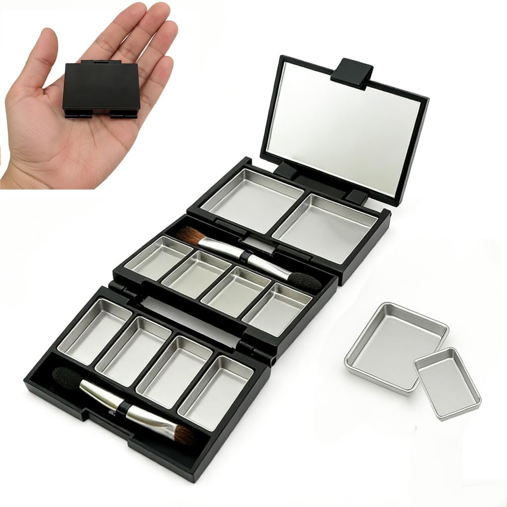 Foldable Magnetic Makeup Palette - 3-Layer DIY Travel Kit with Mirror | Compact Pink Cosmetic Organizer, 10 Pans & Brushes