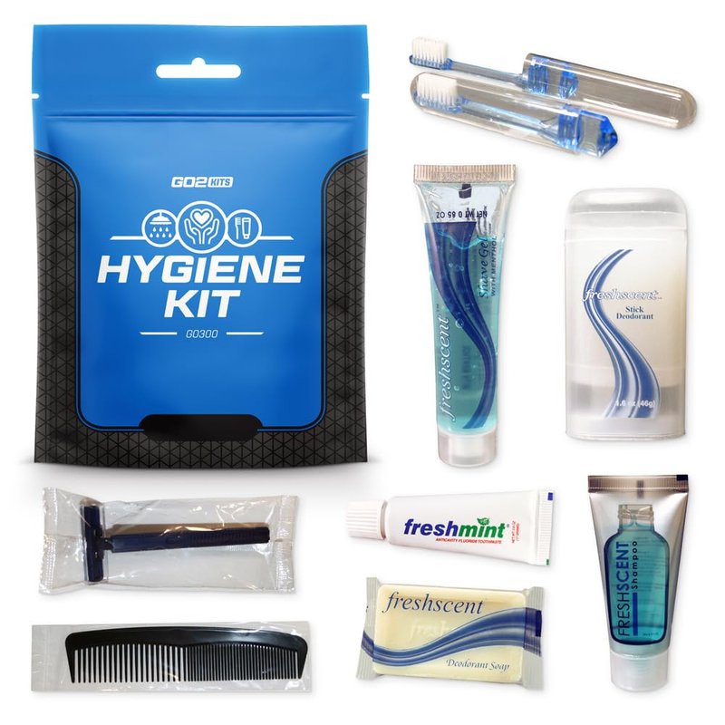 Go2Kits Travel Toiletry Kit, Hygiene Kit with Shaving Supplies for Travel, Business & Charity with Reusable Toothbrush, Bath Soap & Other Essential Toiletries, 3-Pack (GO300)