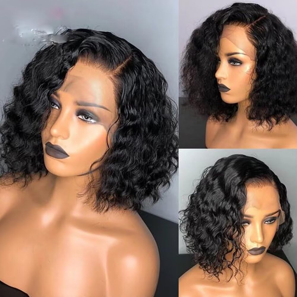 oulaer Short Bob Wigs Side Part 13x4 Deep Wave Bob Wig Human Hair 150% Density Deep Curly Brazilian Virgin Human Hair Pre Plucked Wet and Wavy Glueless Transparent Lace Frontal Wig 14Inch