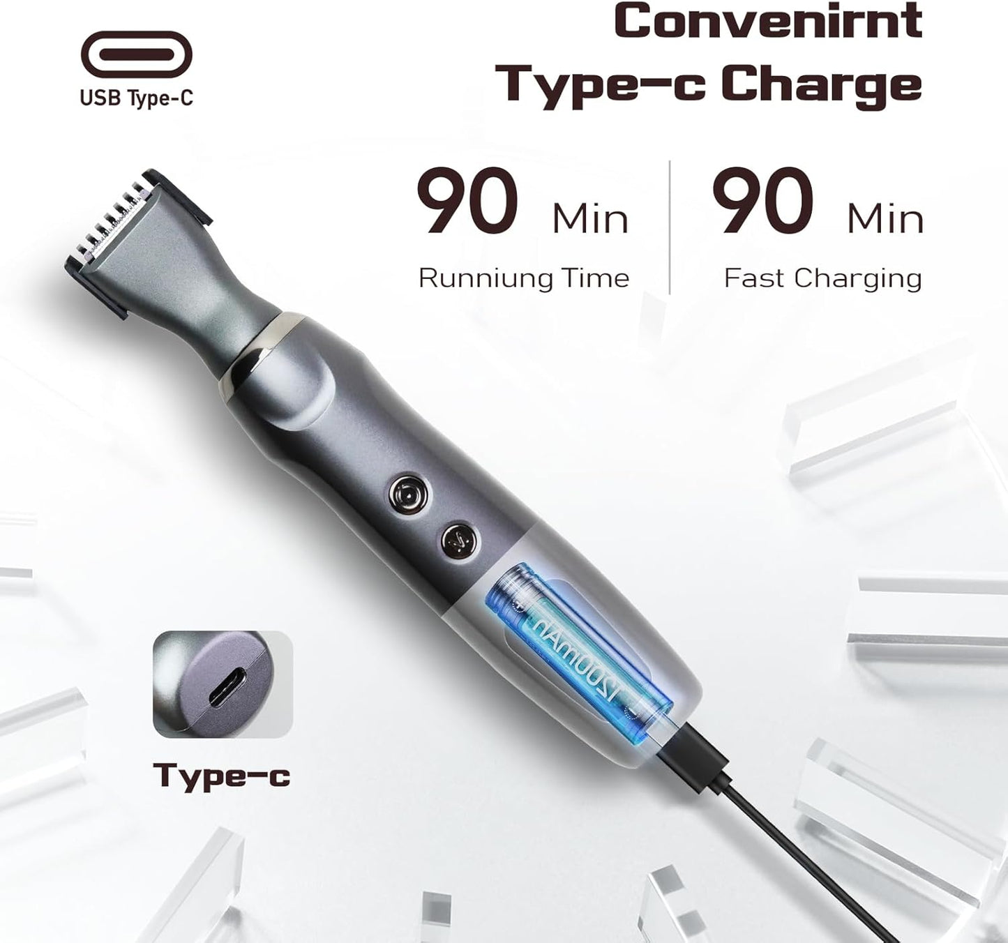 Men's Back Shaver - Rechargeable LED Display Trimmer | IPX7 Waterproof, Safety Lock, Ink Black
