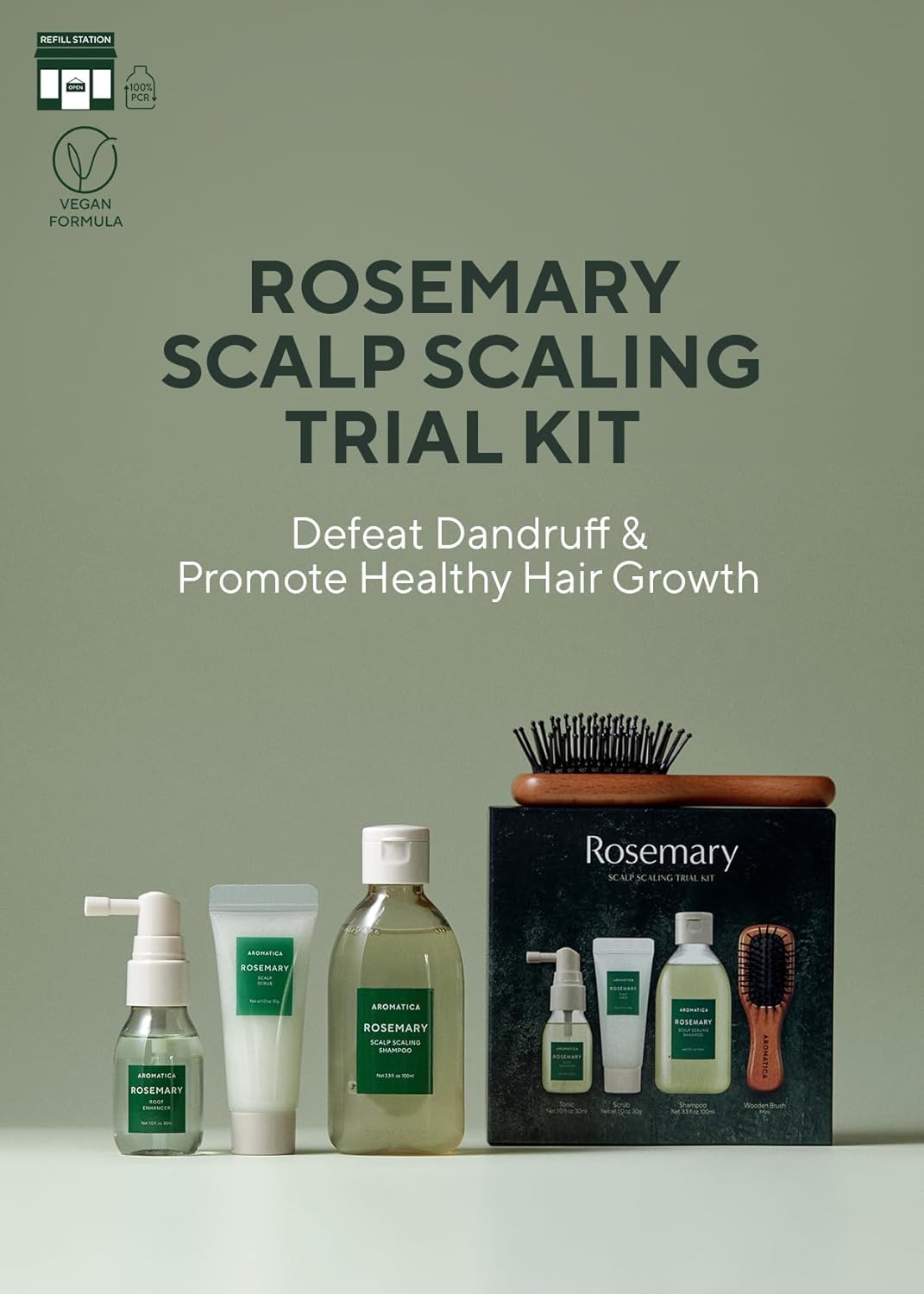 Aromatica Rosemary Scalp Scaling Trial Kit | Travel Size Korean Hair Care with Mini Brush & Vegan Formula for Hair Growth