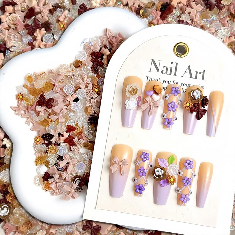 300Pcs Autumn Winter Bow Nail Charms - 3D Rhinestones & Gems