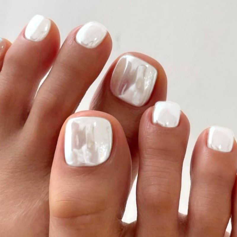 Press On Toenails - White Chrome Short Square Fake Nails | Mirror Gloss Finish, Full Cover, Reusable 24 Pcs