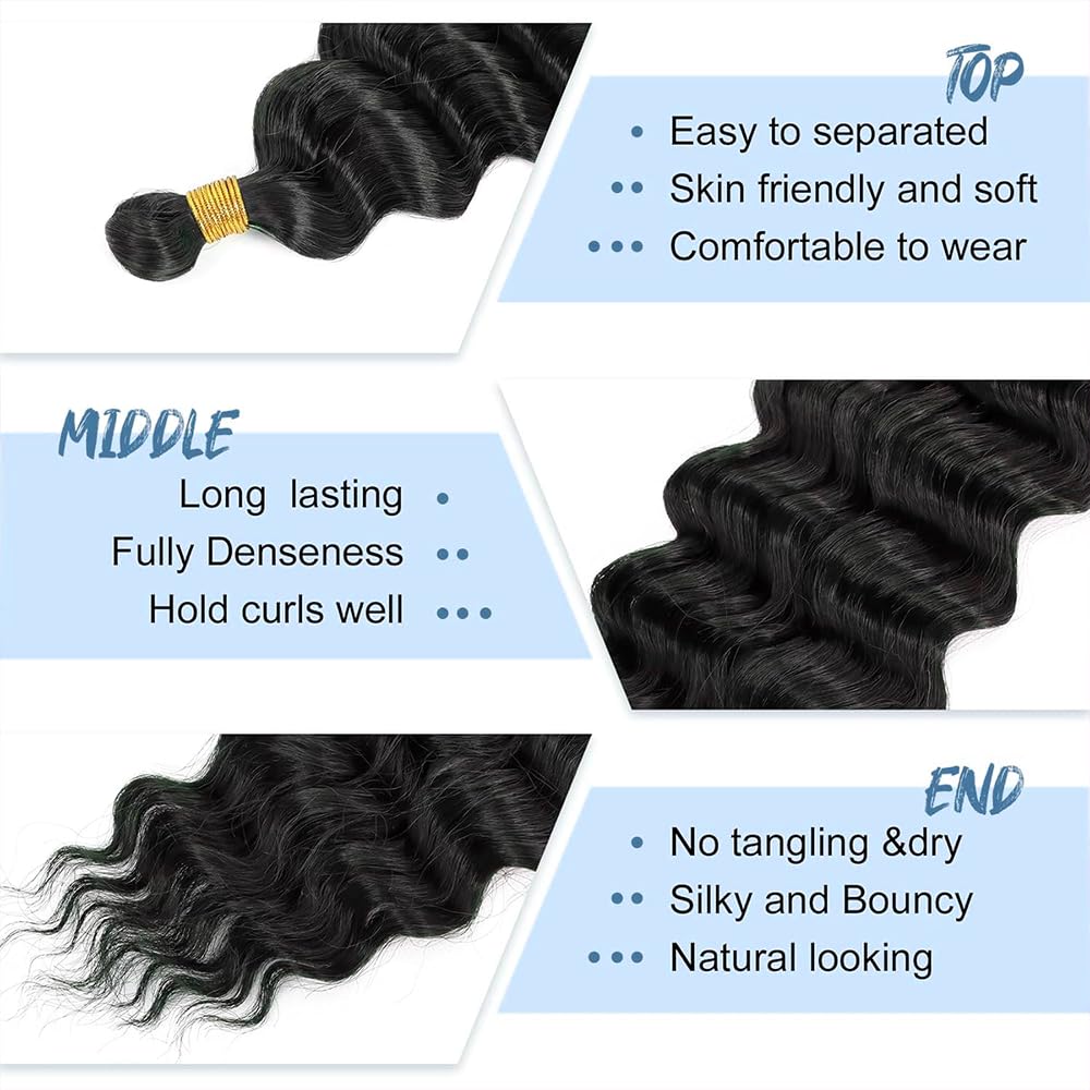 24 24 24 Inch Bulk Human Hair for Braiding Deep Wave 1B Natural Black Color Human Braiding Hair Extensions for Boho Braids Deep Wave Virgin Curly Bulk 3 Bundles Total 150g