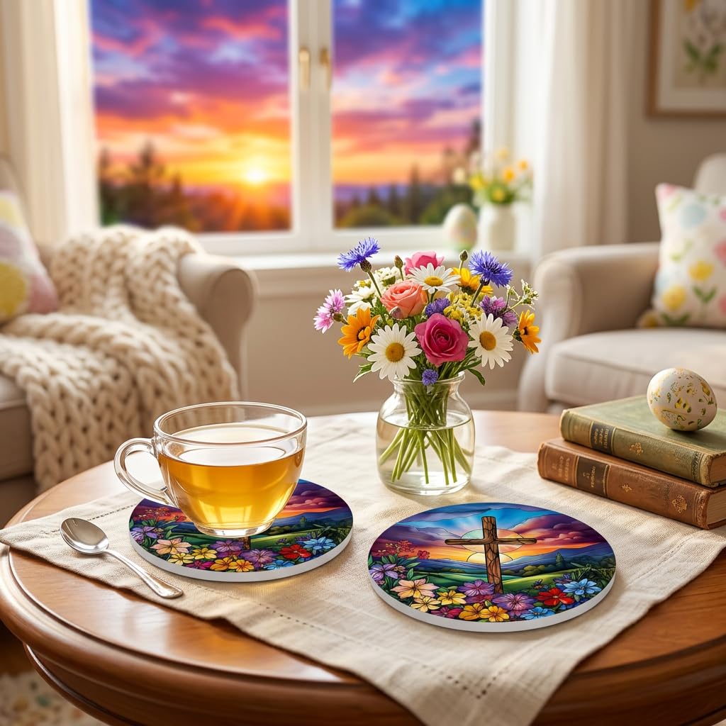 2pcs Floral Cross Car Coasters - 2.75 Inch Sunset & Cross Design, Durable Car Interior Accessories for Car Cup Holder Coaster for Friends Vibrant Sunset Easter Decor
