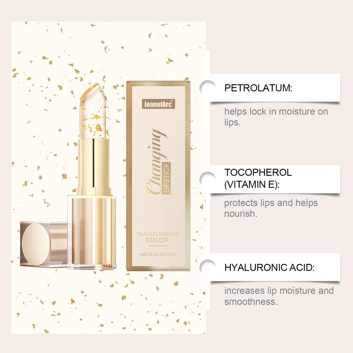 Gold Crystal pH Color Changing Lipstick - Transfer-Proof & Long Lasting 24H Moisturizing Lip Gloss | Clear to Pink, 1pc (Golden)