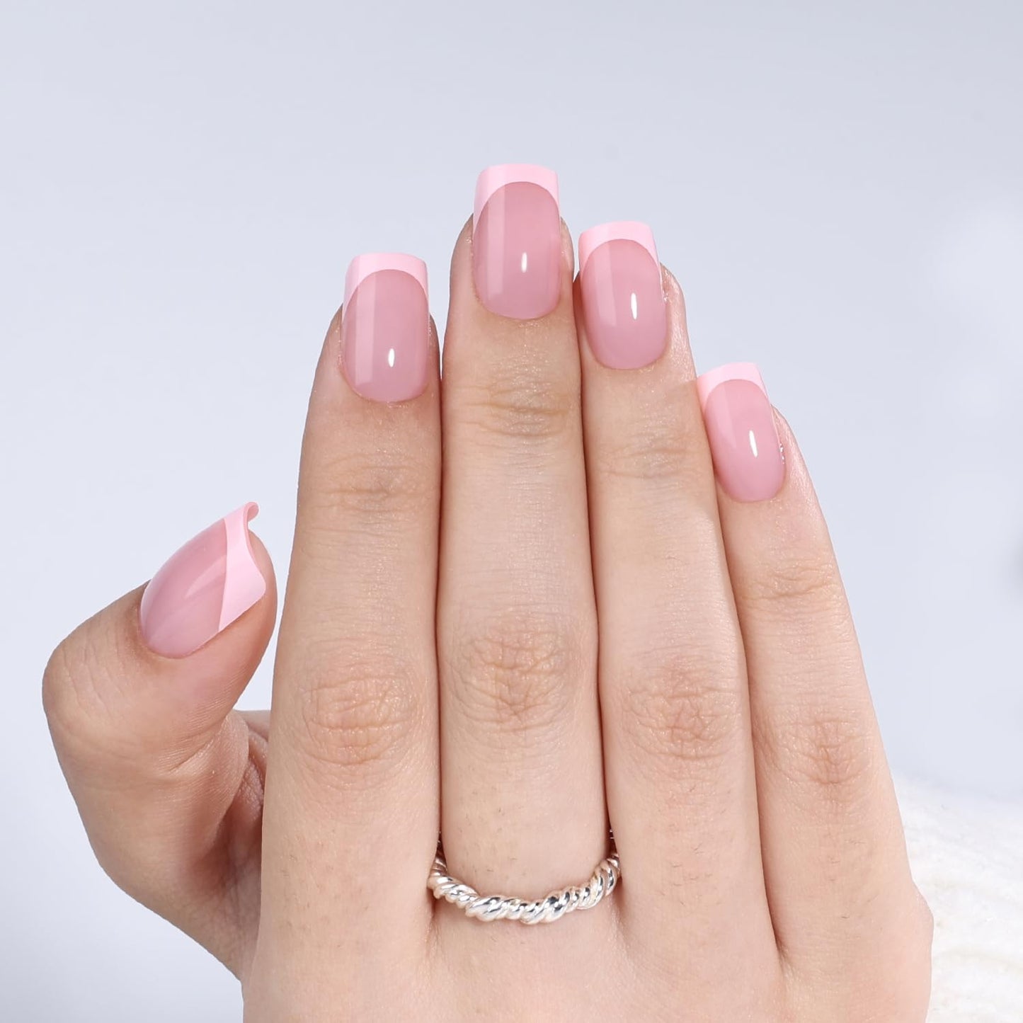French Tip Press On Nails - Glossy Pink Almond Reusable Fake Nails | 32 Pieces in 16 Sizes with Glue