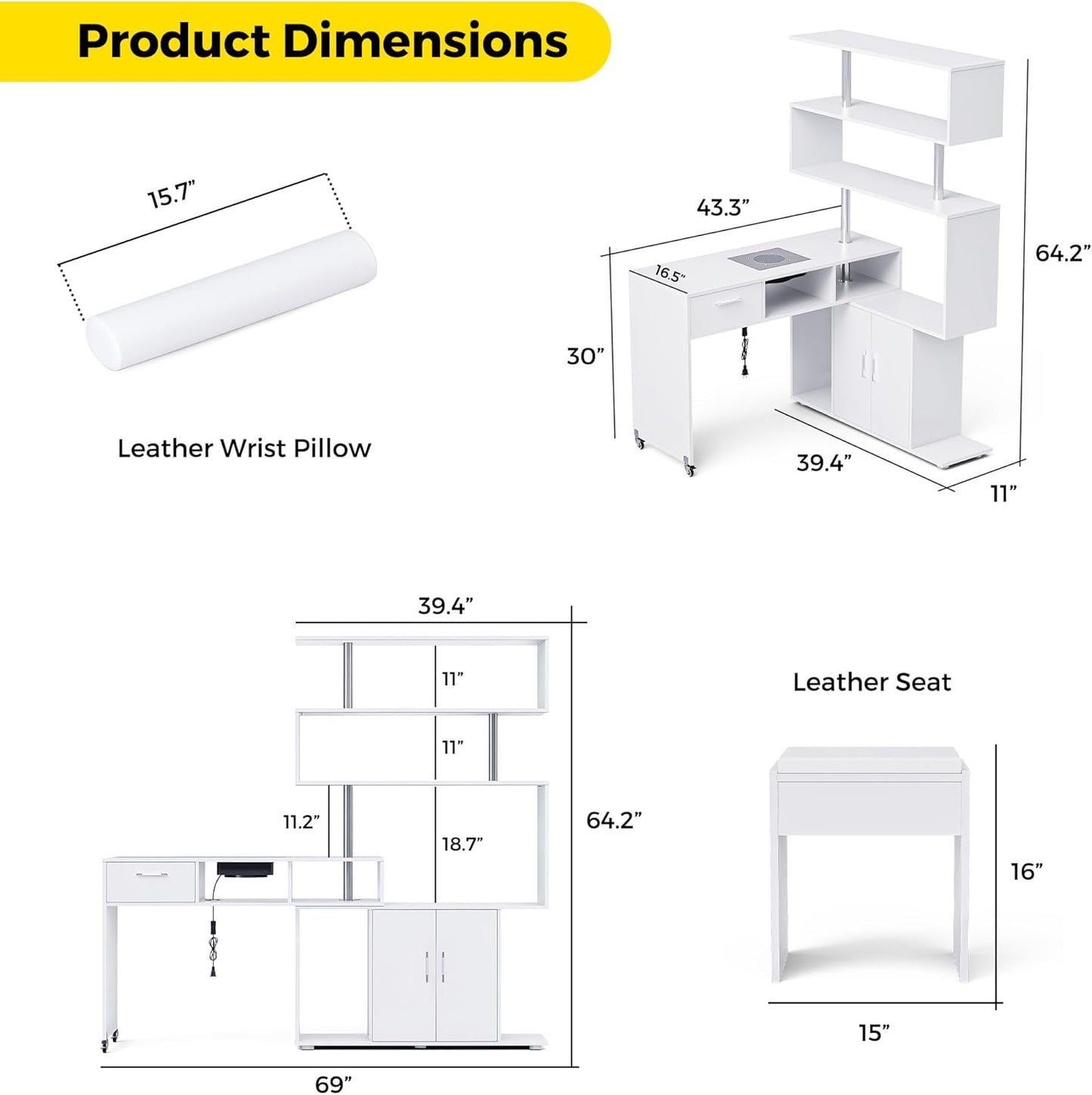 Manicure Table - L-Shaped Nail Desk with Dust Collector & Storage | Mobile Workstation in White