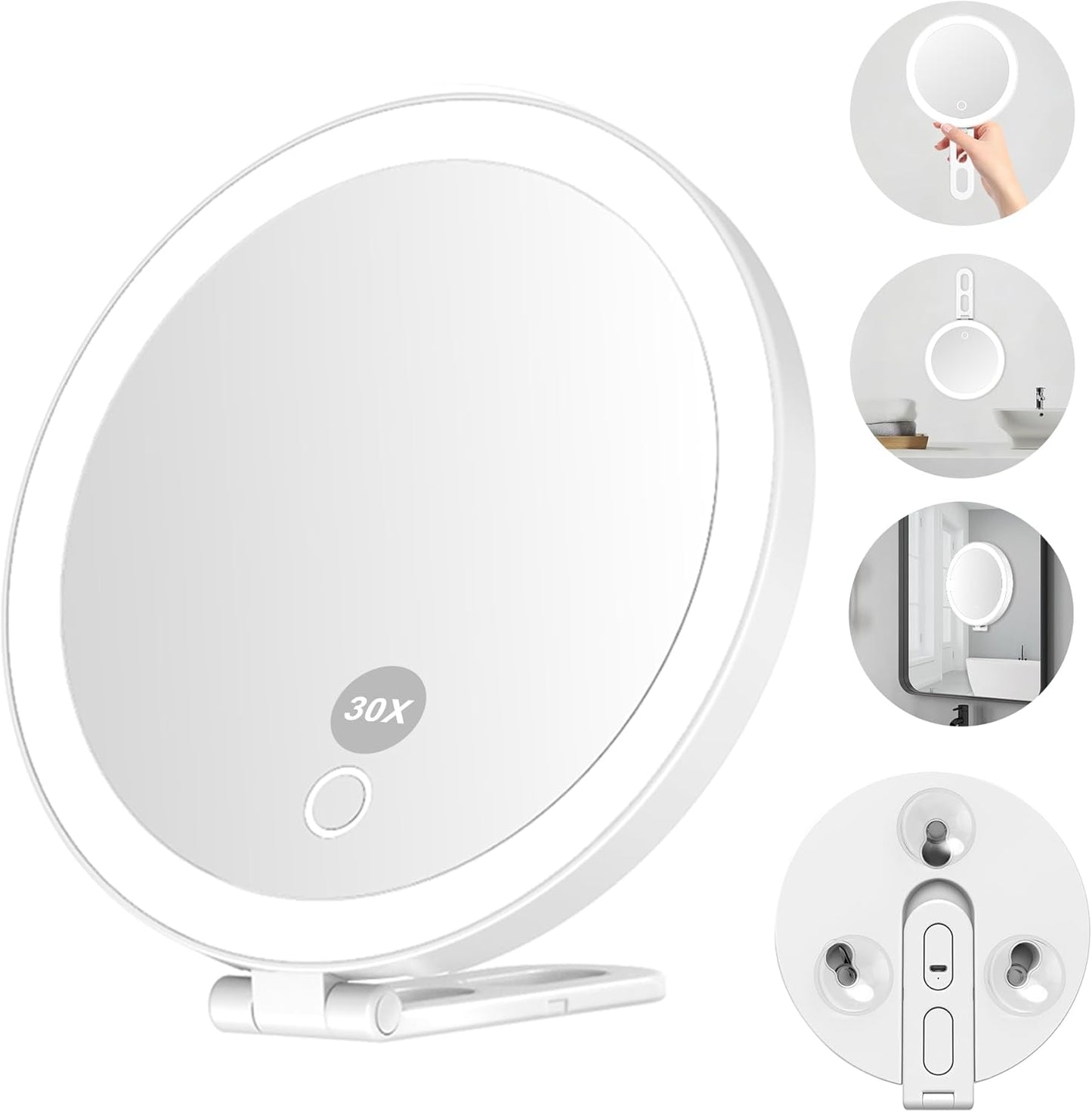 30x Magnifying Makeup Mirror with Light - 6" Travel Size, 3 Suction Cups, 3 Lighting Colors | Handheld Design, Stable Stand