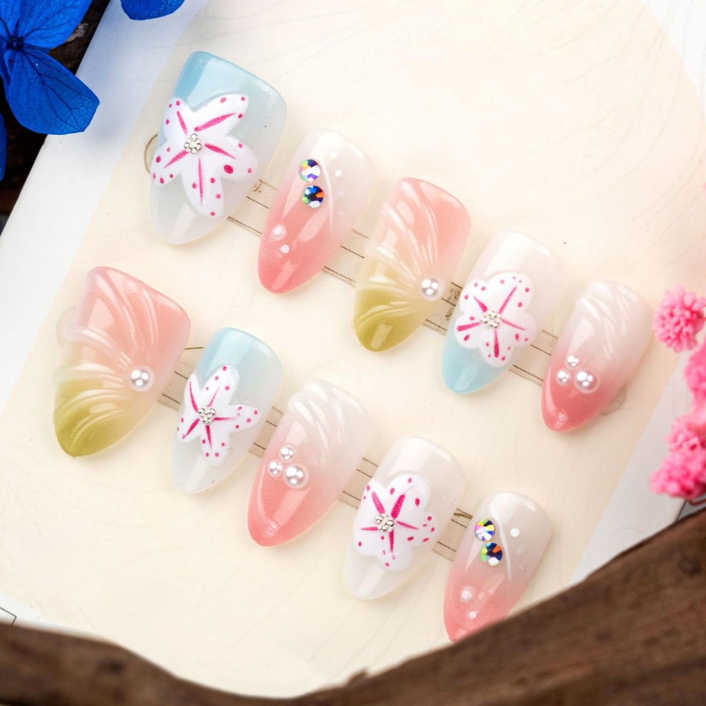 Short Almond Press-On Nails - 24 Pcs French Tip with Leopard Print & Gold Beads | Reusable Acrylic Nail Designs for Women