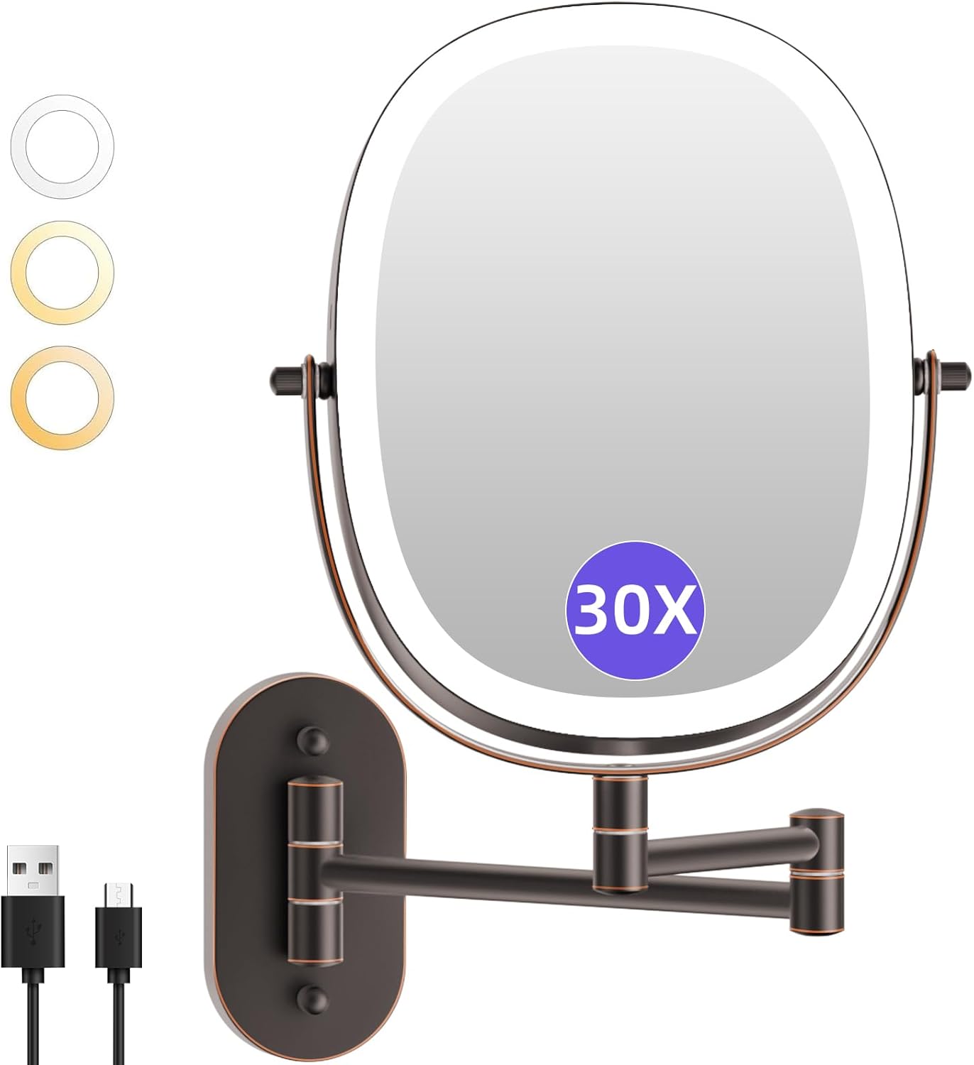 FUNTACH 30X/1X Wall Mounted Lighted Makeup Mirror - Rechargeable Double-Sided Magnifying Design | 3 Color Modes, 360° Rotation