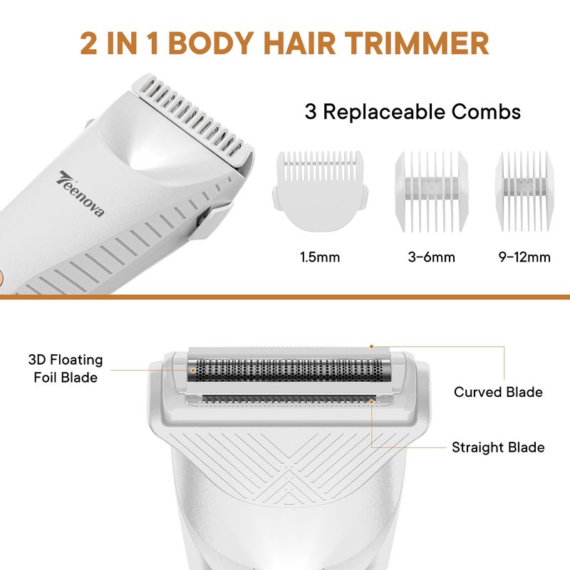 TEENOVA Pubic & Body Hair Trimmer for Men, 2 In 1 Electric Ball Groin Razor Shaver with Ceramic Blade, No Nick Mens Grooming Kit for Wet/Dry Use, Cordless Charging Body Groomer with Led Display, White