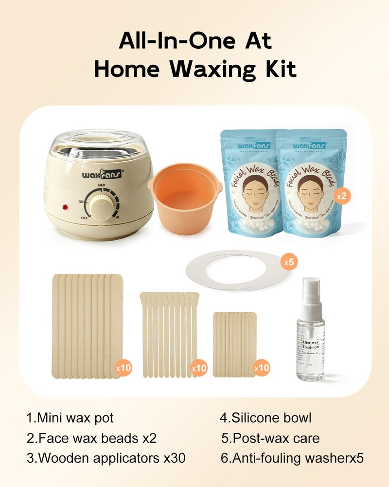 WaxFans Face Waxing Kit for Women, Gentle on Sensitive Skin – Eyebrow Wax Kit, Easy At-Home Hair Removal for Face, Eyebrow & Bikini, with A Mini Wax Pot, 200g Face Wax Beads & 20 Wooden Sticks