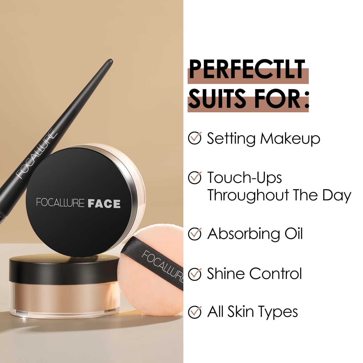FOCALLURE Oil Control Loose Face Powder, Translucent Loose Setting Powder, Shine-Free Matte Finishing Powder, Long-lasting & Lightweight Sets Foundation Makeup, Includes Velour Powder Puff, Porcelain