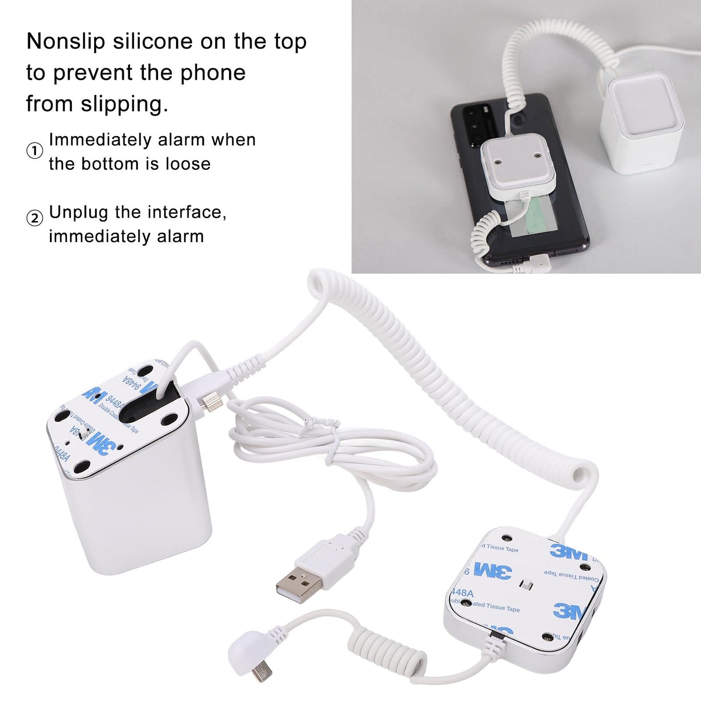 Display Stand, Anti Theft Cell Phone Display Stand, 95‑120dB Security Alarm, Fast Charging Infrared Remote Control Unlock for Exhibition(for Android Port, Without claw)