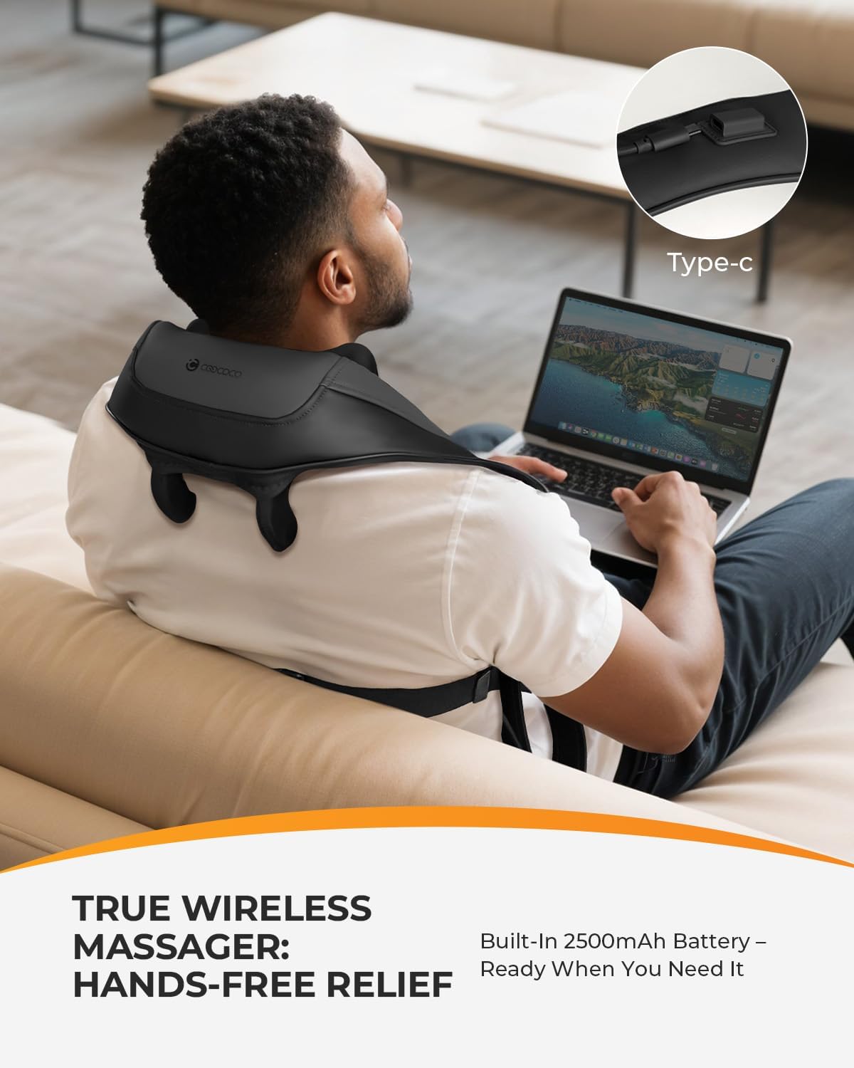 CooCoCo Cordless Neck Massager with Heat - Wearable Shiatsu for Pain Relief | Rechargeable, Hands-Free Design
