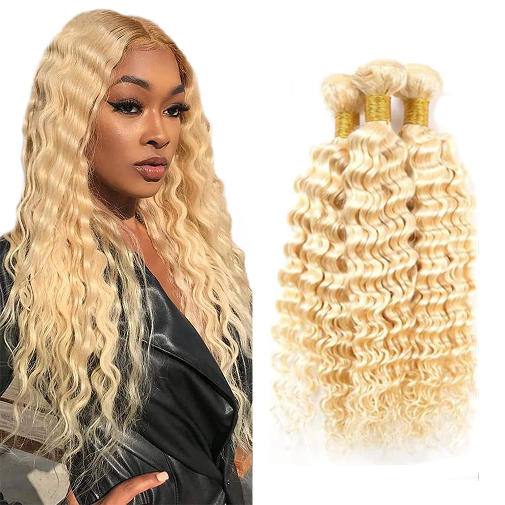 Blonde Bundles Human Hair 613 Deep Wave Bundle 16 18 20 Inch 8A Brazilian Virgin Remy 3 Bundles Blonde Wet and Wavy Bundles Hair Extensions 300g