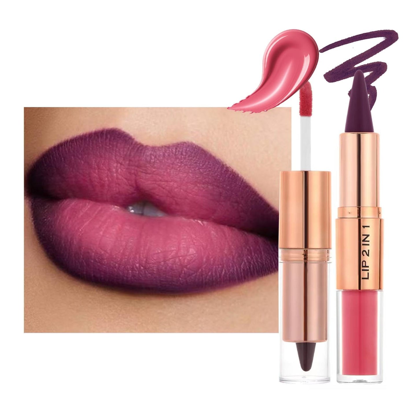 Lip Liner 2 in 1 Professional Matte Lip Kit, Dual-Ended Lip Kit With Lip Liner And Gloss Lip Combo Sets For Black Women,High Pigmented Liquid Lipstick Long Lasting Waterproof Lip Combo Makeup ﻿ (#2)