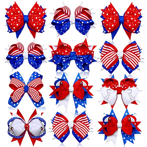 Patriotic Hair Bows 12-Pack for 4th of July Red White Blue American Flag Hair Clips