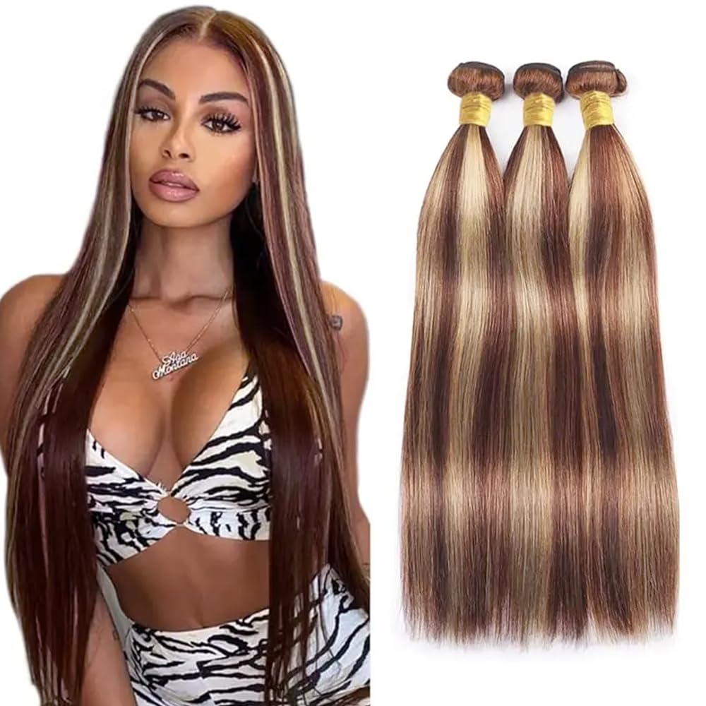 Auburn Brown Bundles 613 Straight 3 Bundle Human Hair 28 30 32 Inch Brazilian Virgin Remy Hair P33/613 Straight Bundle Two Tone Copper Red Mixed With 613 Bundles