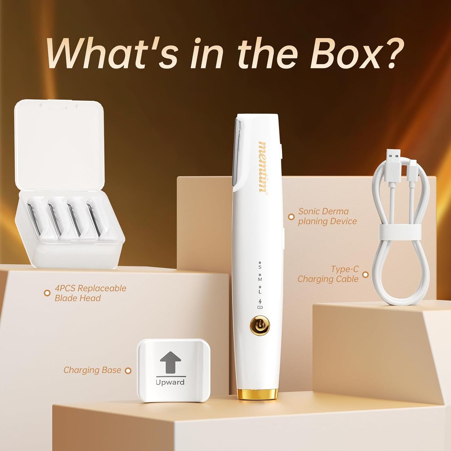 Sonic Dermaplane Facial Hair Remover - Rechargeable Face Razor with LED Light & 4 Blades | Gold