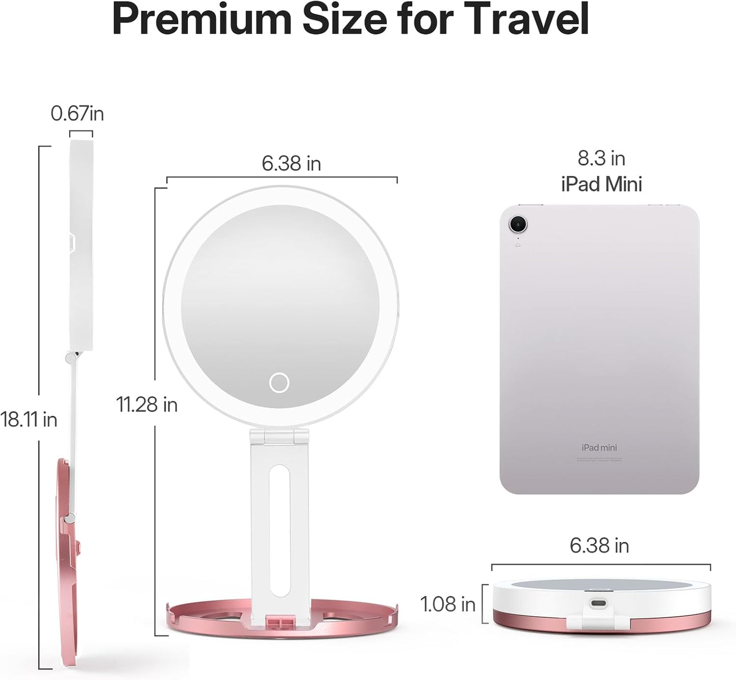 Travel Mirror with Lights - Foldable Double-Sided 10X/1X Magnifying | Rechargeable & Portable Lighted Makeup Mirror with Dimmable Touch Screen