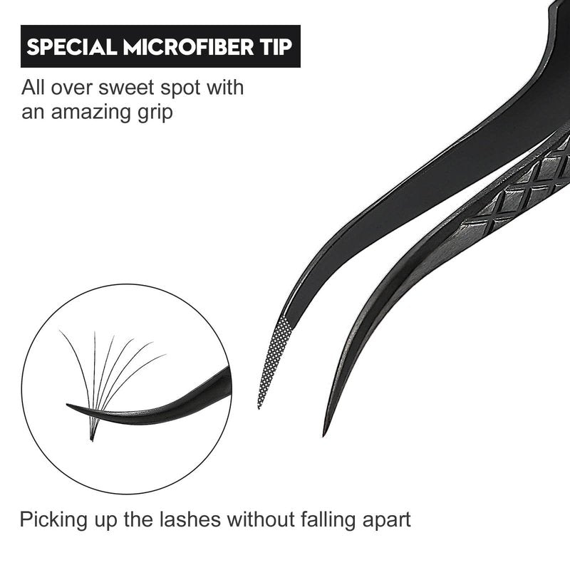 Ms.Queen Eyelash Extension Tweezers,Microfiber Tip Curved Lash Tweezers for Volume, Isolation& Classic Lashes Extensions,Black