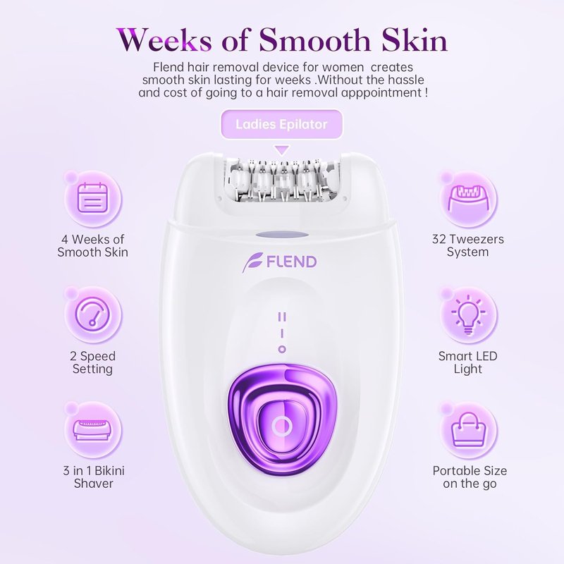Smooth Glide Epilator for Women, Painless Rechargeable Facial Hair Removal Device, 2-Speed 36 Tweezers with LED Light, 2-in-1 Design, Smooth Skin for Face, Bikini, Arms & Legs