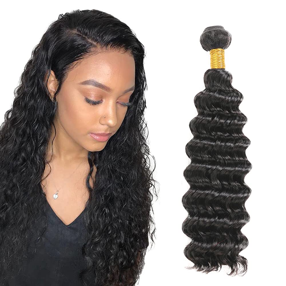#1B Deep Wave Human Hair Bundles 16 Inch Peruvian Virgin Remy Hair 1 Bundles Natural Black Color Deep Curly Bundle Hair Extensions