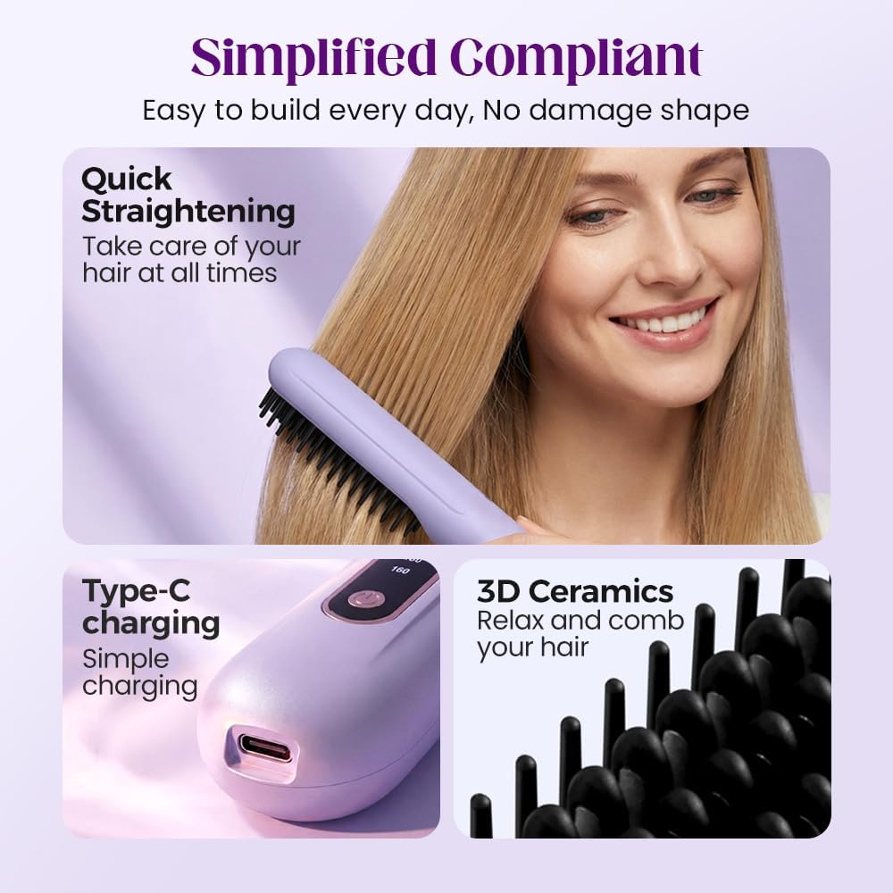 Portable Straightener Brush - Cordless Ionic Ceramic Hair Tool for Long Hair | 30s Fast Heat, 3 Temp Settings, USB-C Rechargeable (Purple)