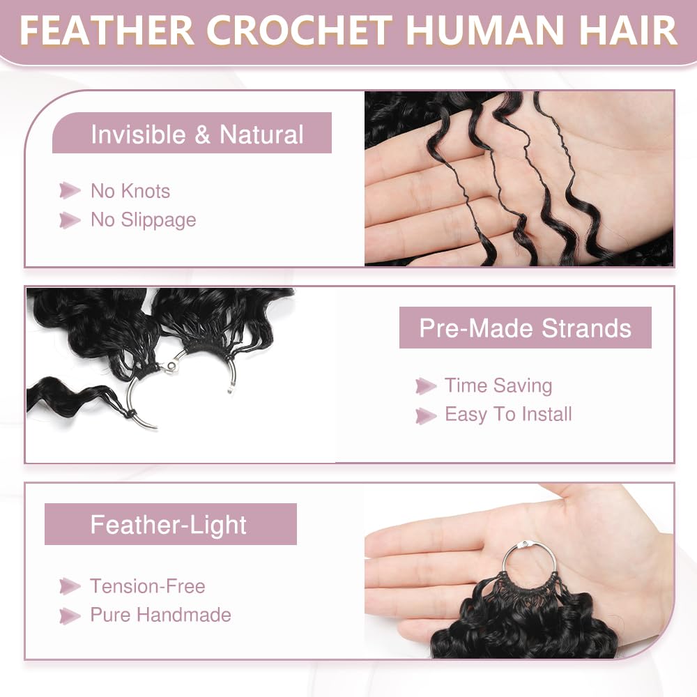 Human Crochet Hair for Black Women 16 Inch 150g Pre Separated 120 Strands Deep Wave Feather Crochet Human Hair Extensions Invisible Miracle Knots Crochet Hair Human Hair Crochet Bundles Natural Black