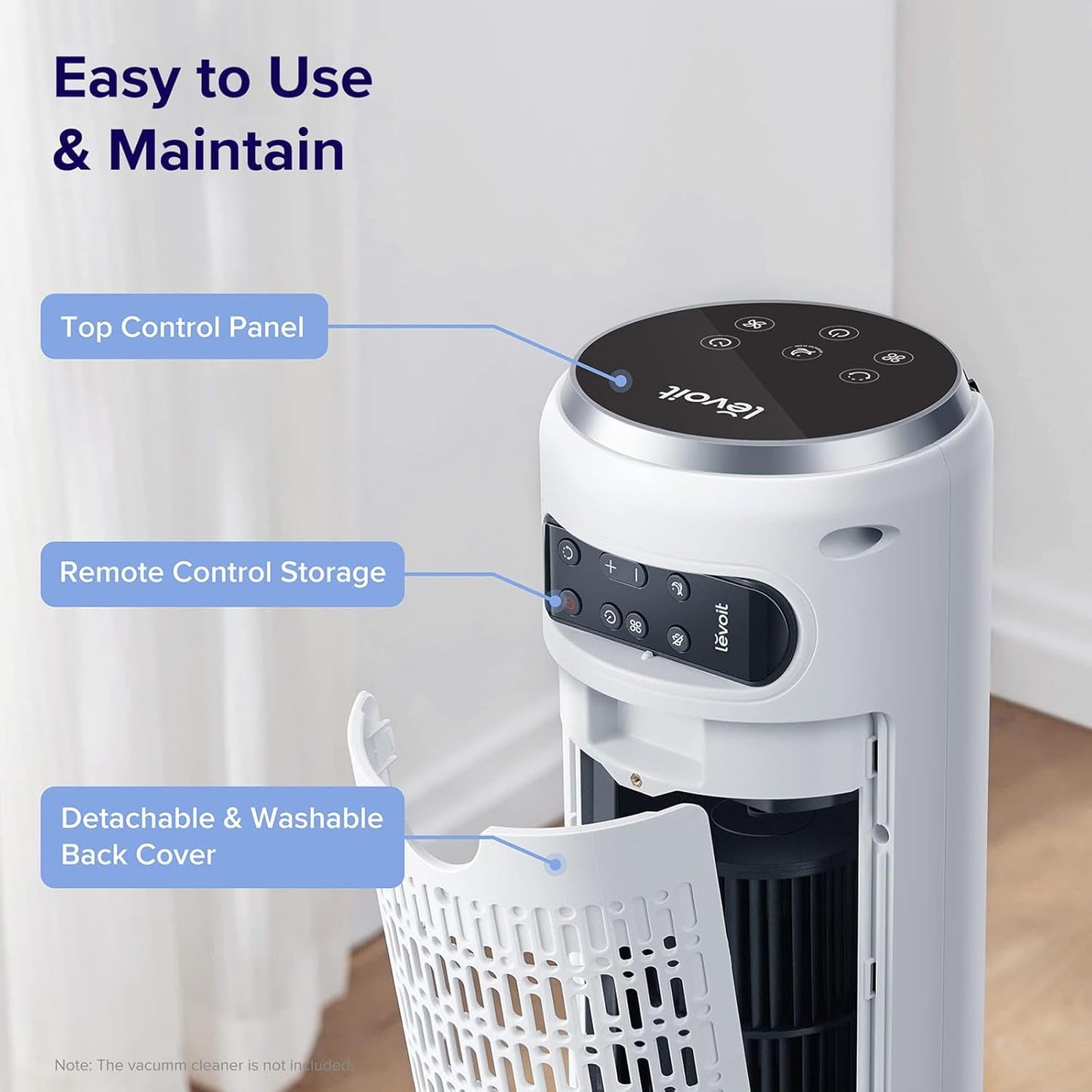 LEVOIT Tower Fan - 90° Oscillating Bladeless Fan for Bedroom | 28dB Quiet, 12H Timer, 5 Speeds, 36 Inch, White