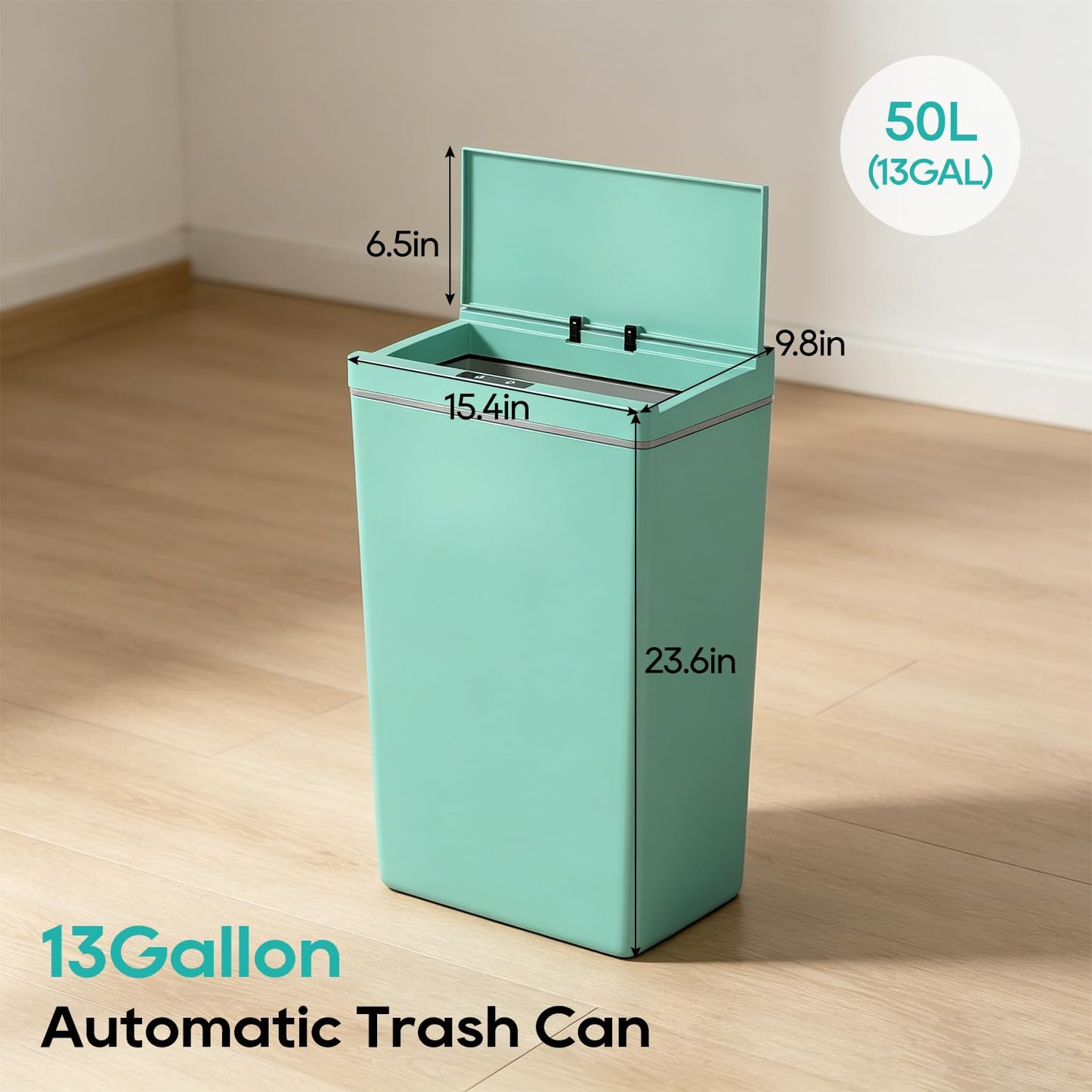 BestOffice 13 Gallon Touch-Free Trash Can - High-Capacity Plastic Garbage Bin for Kitchen, Bathroom, Home Office | Blue