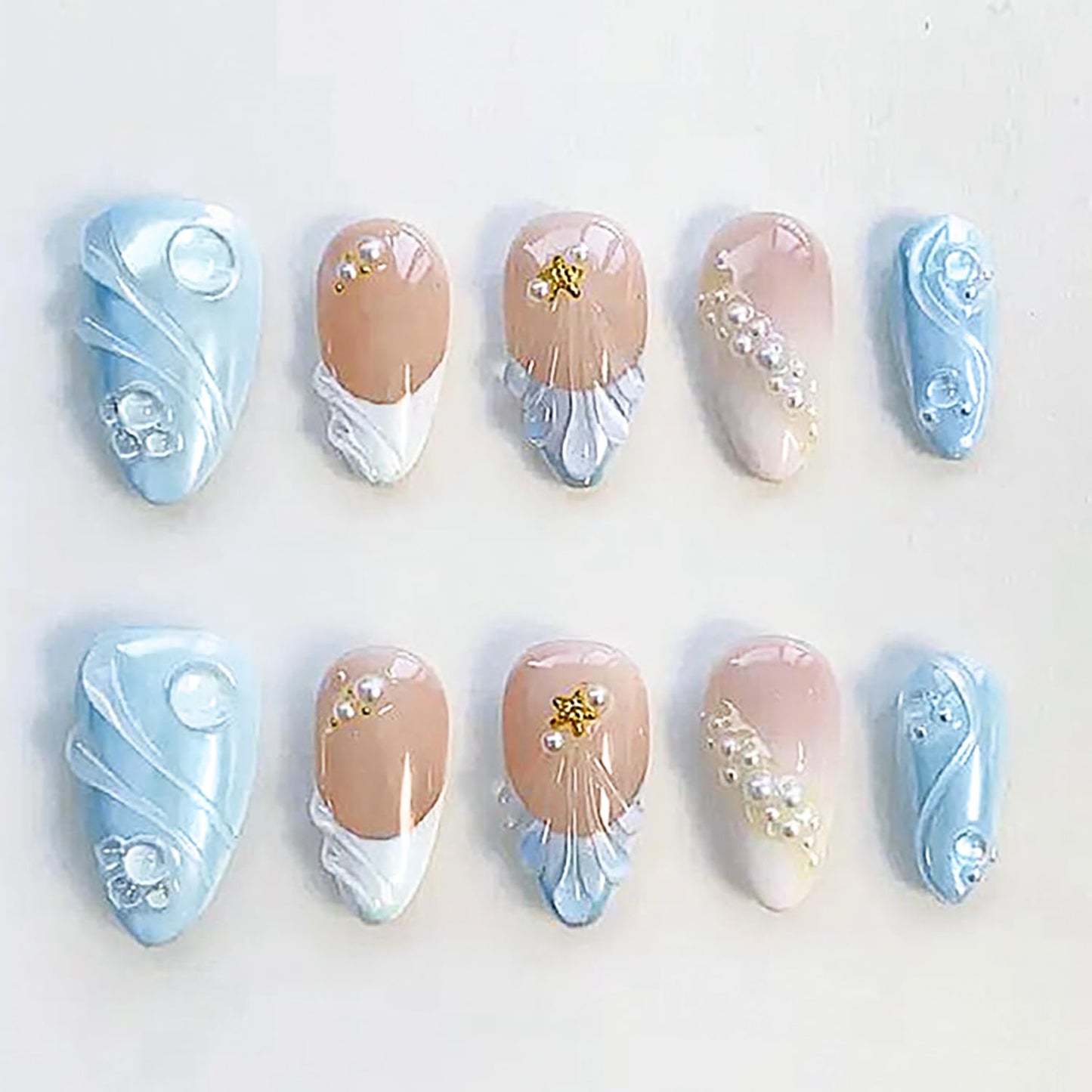 3D Pink Flower Press-On Nails - Nude Pink Gradient French Tip | Medium Almond, Reusable 30 Pcs for Weddings