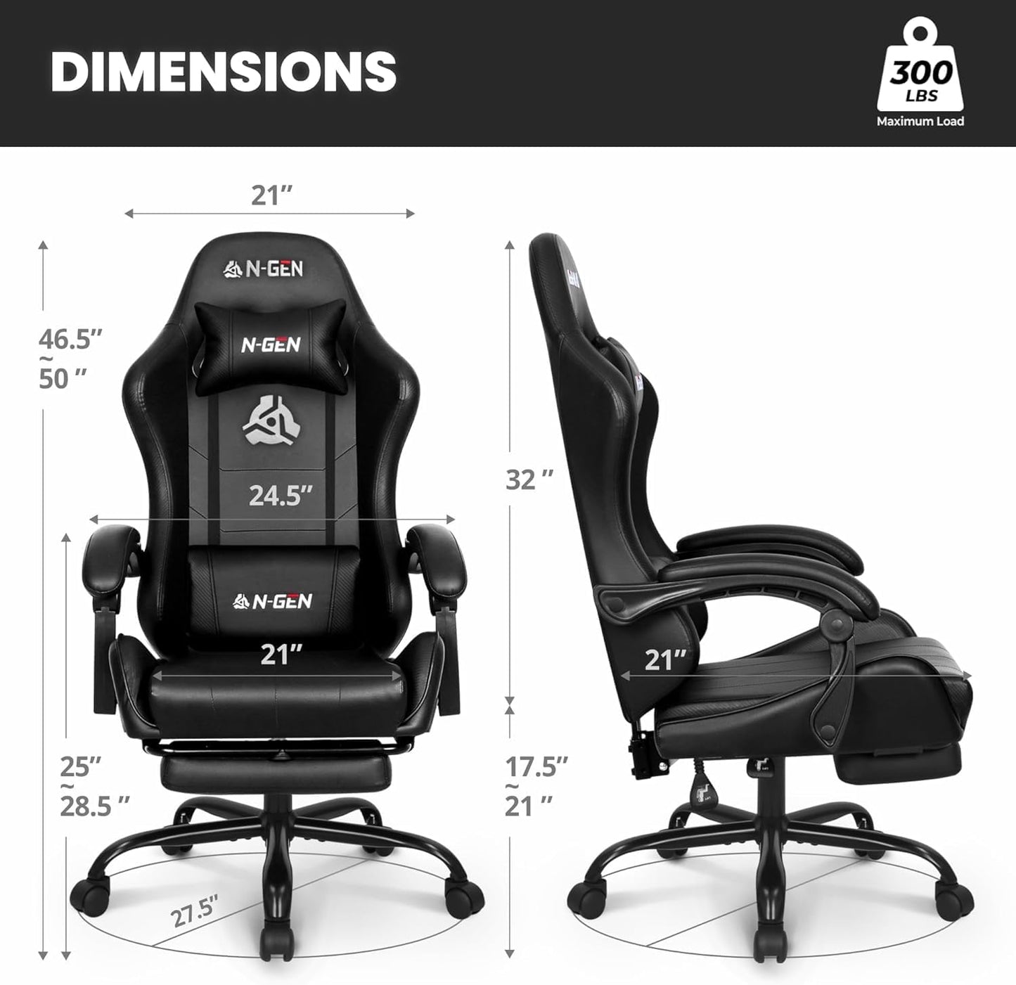 N-GEN Gaming Chair - Ergonomic Video Gaming Chair with Footrest & Lumbar Support | Adjustable High Back in Carbon Black