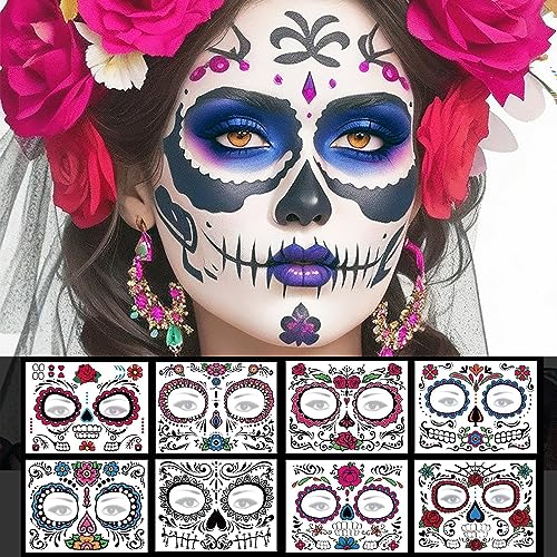 Day of the Dead Face Tattoos - 8 Pack Halloween Temporary Sugar Skull Face Art