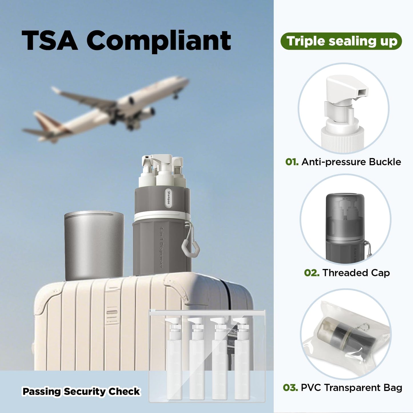 YOTIME Travel Dispenser Bottle - 4 in 1 Leak-Proof Silicone Container | TSA Approved, Gray