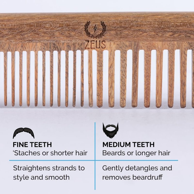 ZEUS Sandalwood Beard & Mustache Comb for Men with Leather Case, Handmade Anti-Static Saw-Cut Wood Comb for Grooming (L31)