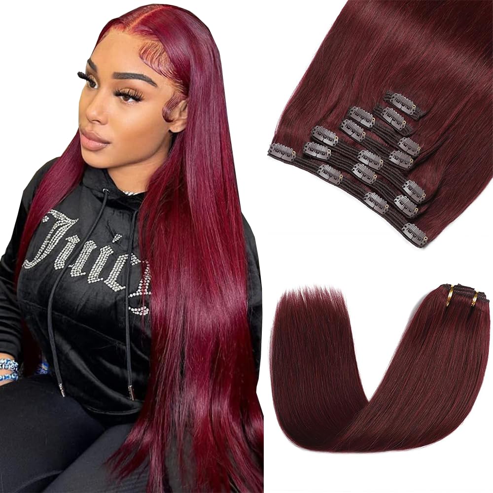 Wine Red Clip in Hair Extensions Real Human Hair, 14 Inch 120g/7Pcs,Full Shine Remy Hair,#99J Burgundy Straight Clip ins Brazilian Virgin Human Hair Extensions
